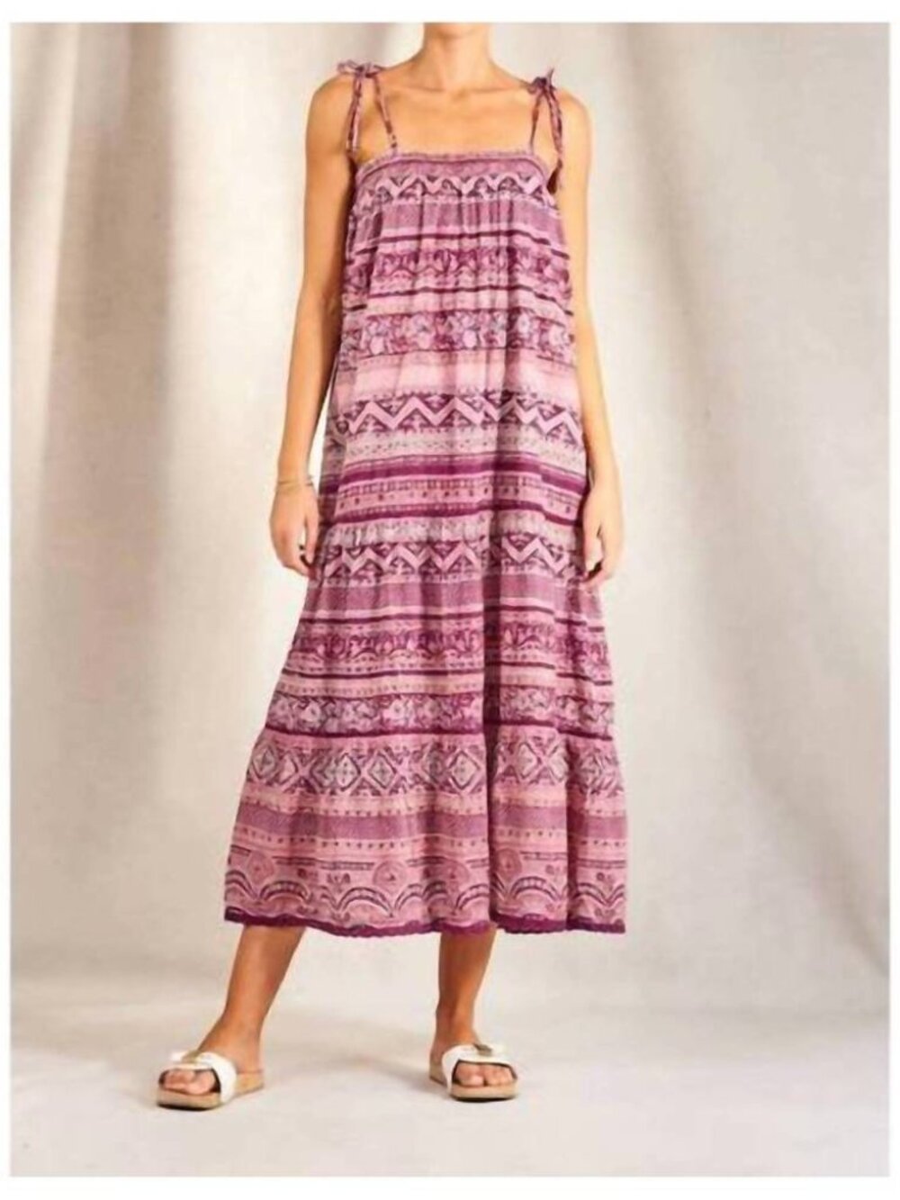 M.A.B.E. Maxi Dress XS Smocked Block Print Sundress w/ Gold Mauve Purple Pink
